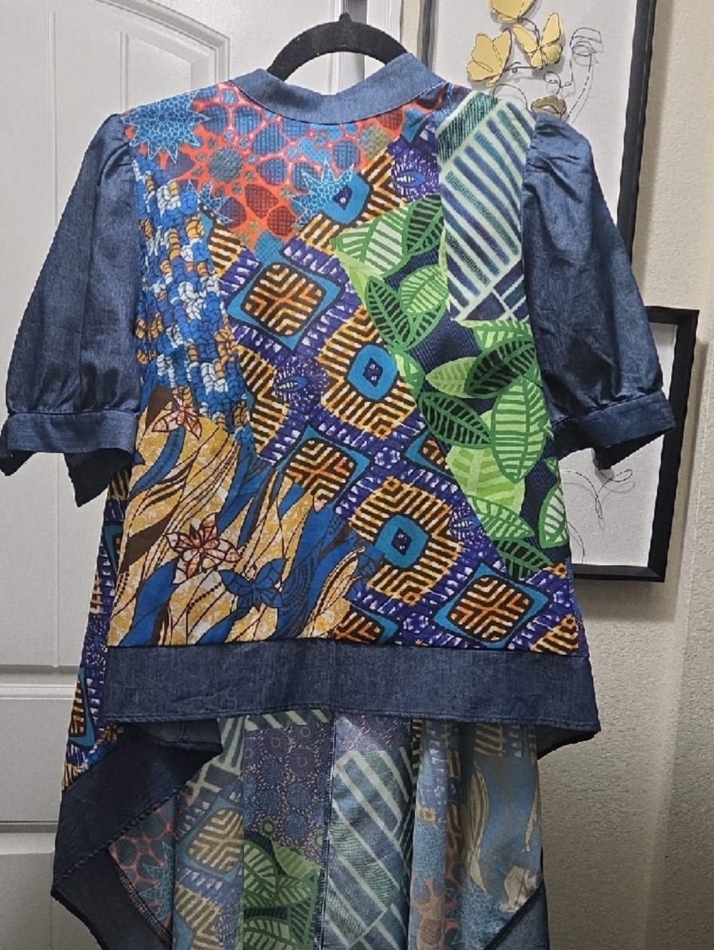 Patchwork Multicolor Short Sleeve Blouse with Denim Trim - Picture 3 of 6